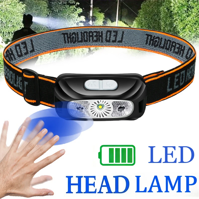 LED Sensor Headlamp Rechargeable Head Torch Built-in Battery Head Flashlight for Outdoor Camping Fishing Headlight Lantern