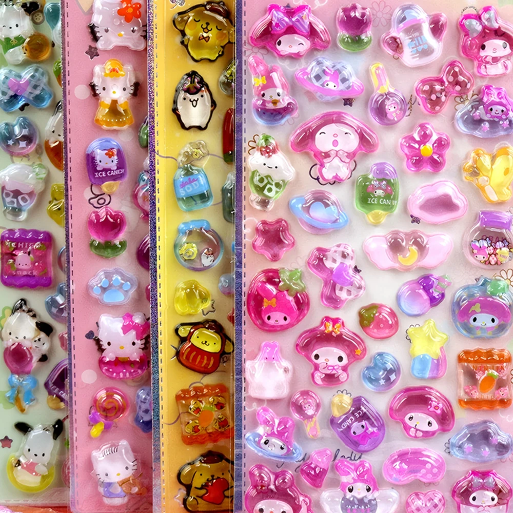 Naklejki 3D Sanrio Cartoon Anime, urocze naklejki z Cinnamoroll, Melody, Kuromi, żelowe kryształowe naklejki DIY, dekoracje na telefon, zabawki dla dzieci.