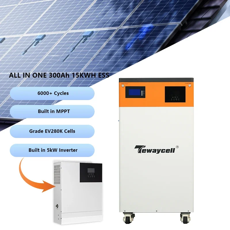 الكل في واحد 15KWh 300Ah 51.2V بطارية ليثيوم أيون متنقلة نظام تخزين الطاقة الشمسية المثبت على الأرض مع عجلة عالمية #1