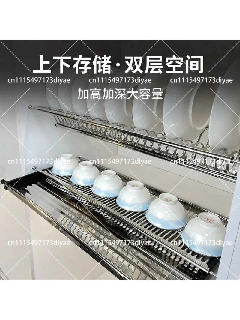 Kitchen Double Storage Cabinet Drain Bowl Rack Wall-Mounted Thickened Stainless Steel Mesh Basket
