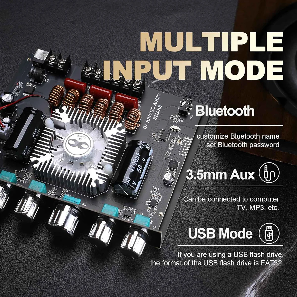 Fashion DAJUNGUO S220HS Bluetooth Power Amplifier Board, 2.1 Channel TDA7498E 160Wx2+220W, 12V-38V Audio Power Amplifier Module