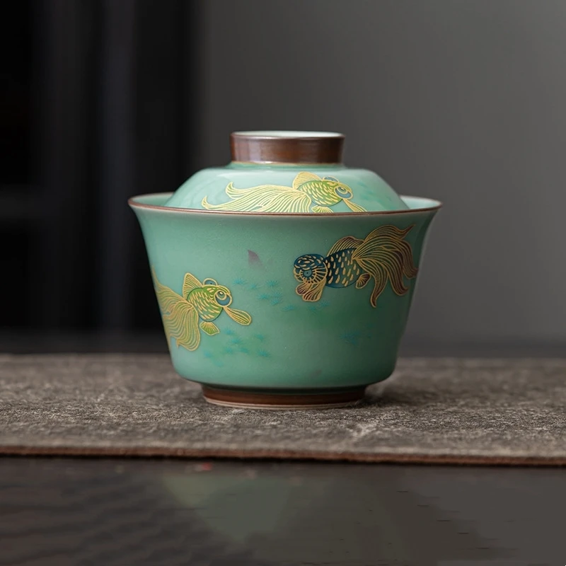 

Fish Celadon Gaiwan For Tea Ceramic Tureen With Lid Teaware Set Green Chinese Tea Bowl Chawan Lily Deng's store Lotus Tea Cup