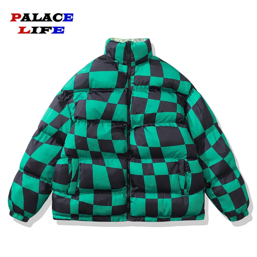 Men Winter Reversible Jacket Parka Green Plaid Printed Block Thick Warm Puffer Harajuku Outwear Jacket Women Winter 2022