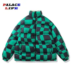 Jaqueta de parka xadrez verde estampada para homens e mulheres, puffer quente grosso, Harajuku Outerwear, jaqueta de bloco, inverno, 2022