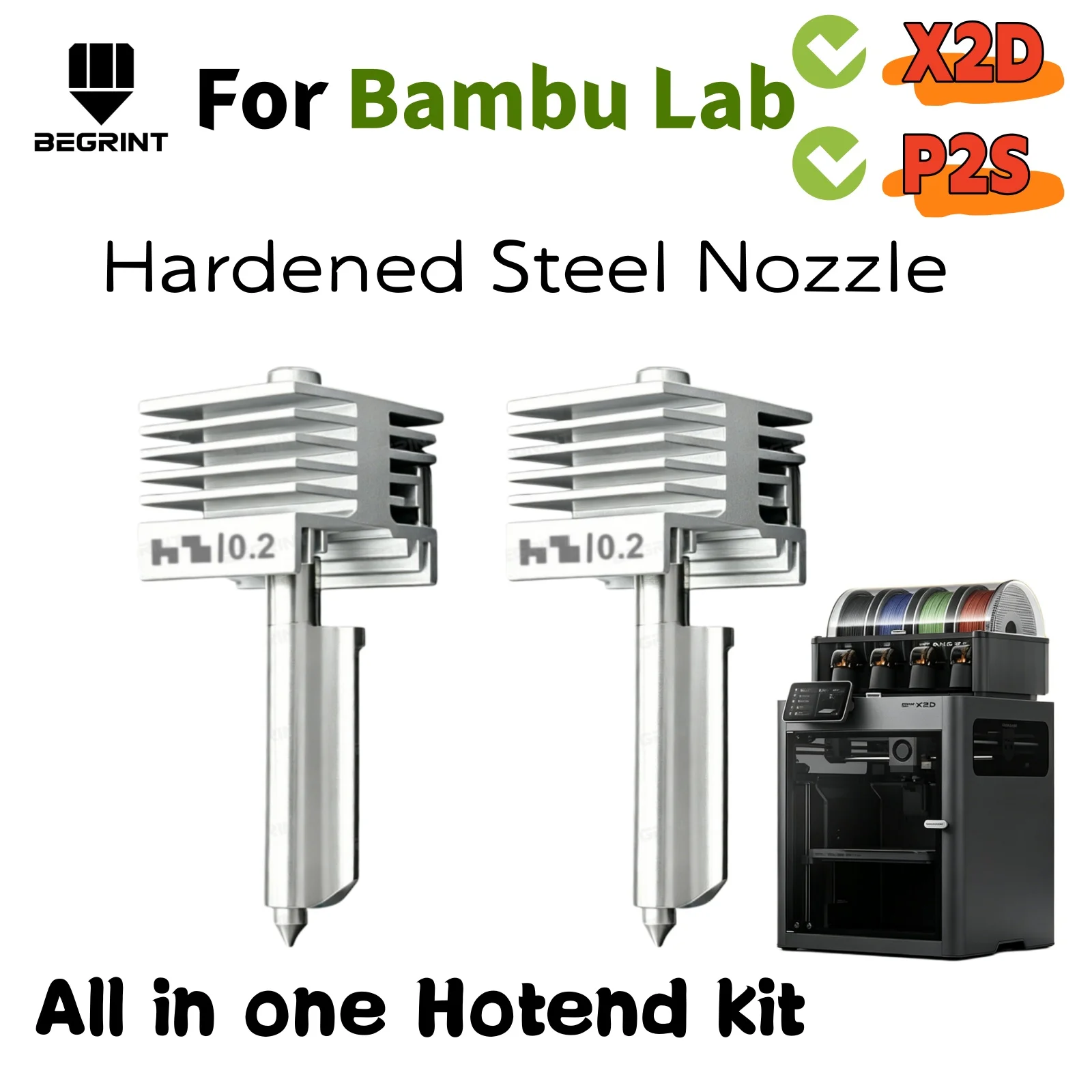 

For Bambu Lab P2S/X2D Hotend Assembly, Hardened Steel Wear Resistant One-piece Structure Easy to Install Parts for Bambu LAB X2D