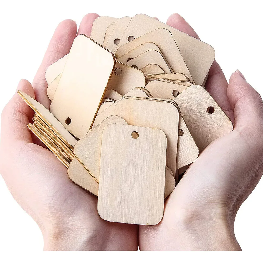 25Pcs/Lot Unfinished Wood Slice Tags Rectangle Wooden Hanging Label With Hemp Rope DIY Craft  Hanging Wedding Christmas Decor