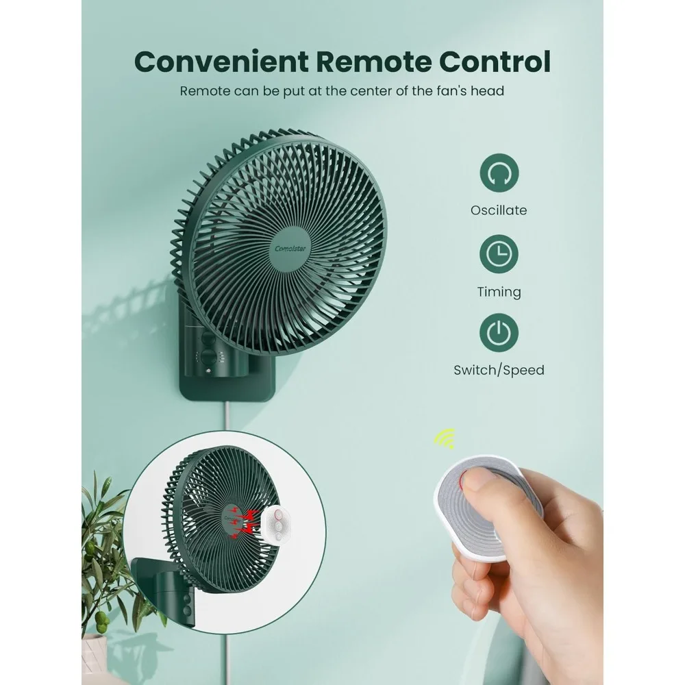 Wall Mounted Oscillating Fan with Remote and Timer,8.5 Inch Small RV Fan with 4 Speeds, 90° Oscillation, 120° Adjustable Tilt