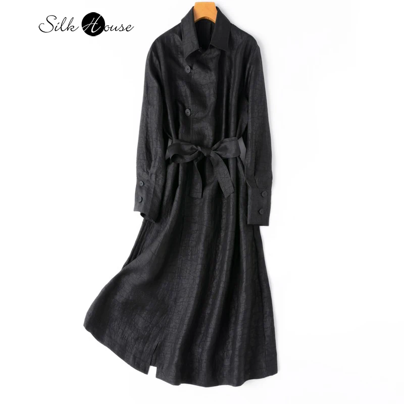 

2024 Women's Spring Luxury Trench 100%Silk Old Turtle Cracked Fragrant Cloud Yarn Retro Diagonal Flap Long Sleeve Loose Coat