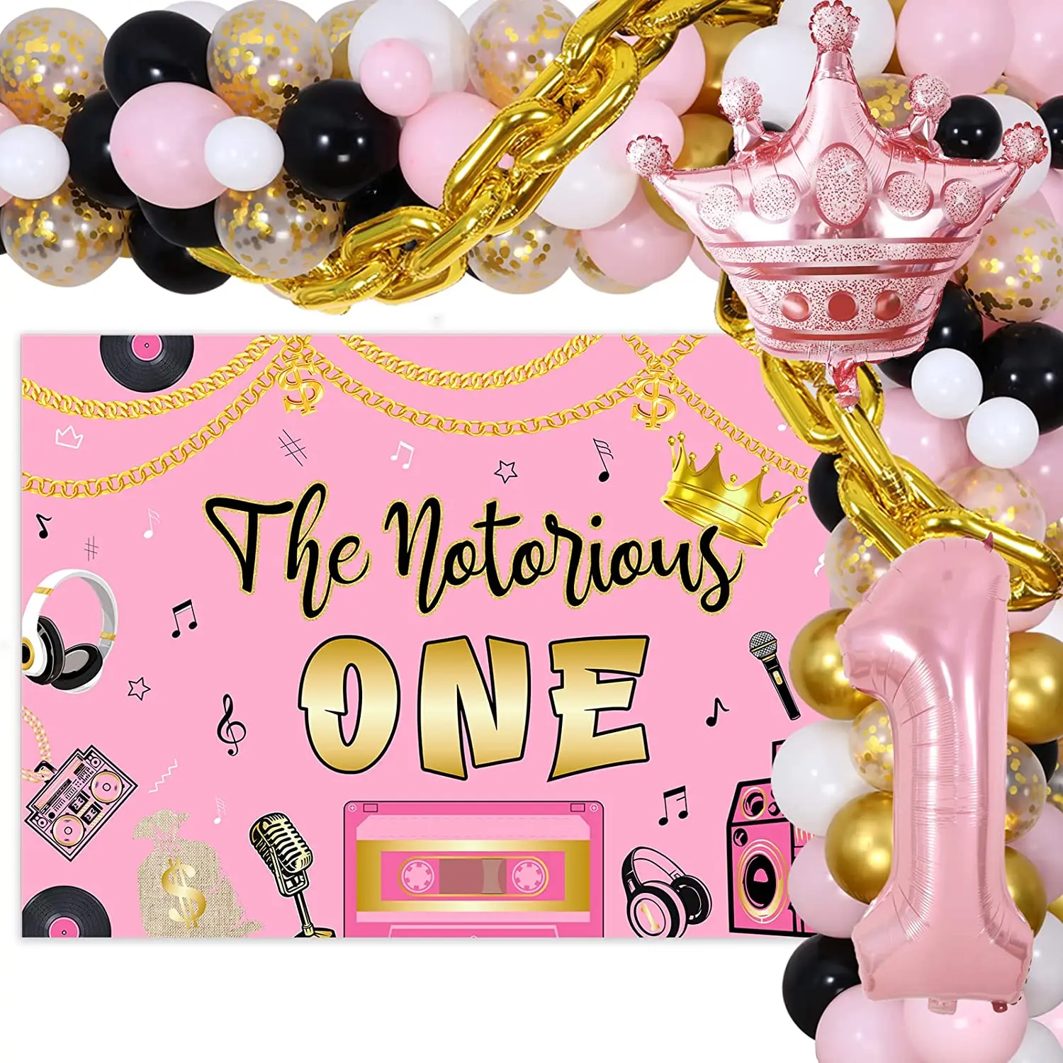 

Happy Birthday Balloon Garland Kit for Girls, Birthday Decorations, Pink, The Notorious One Backdrop, Hip Hop, 1st Birthday