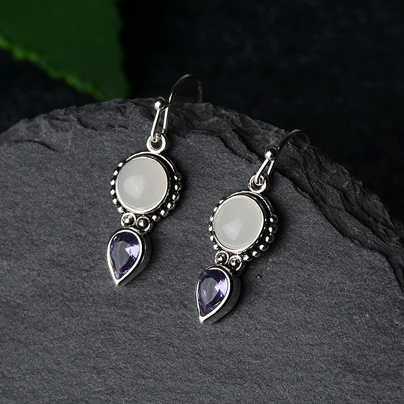 S925 Retro Thai Silver Moonstone Earrings - Women's Exaggerated Drop Pear-shaped Amethyst Earrings - Elegant Jewelry