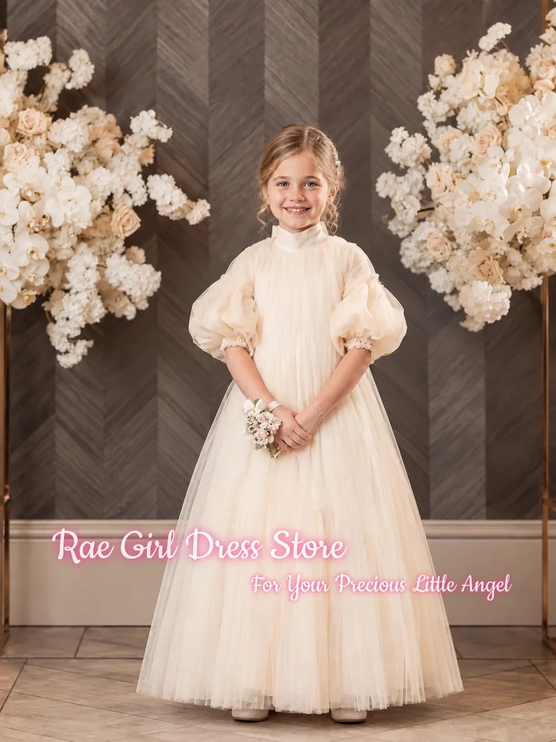 Flower Girl Dress For Wedding Birthday First Communion A Line Floor Length Puffy Gown Tulle High Neck Puff Sleeves Gowns