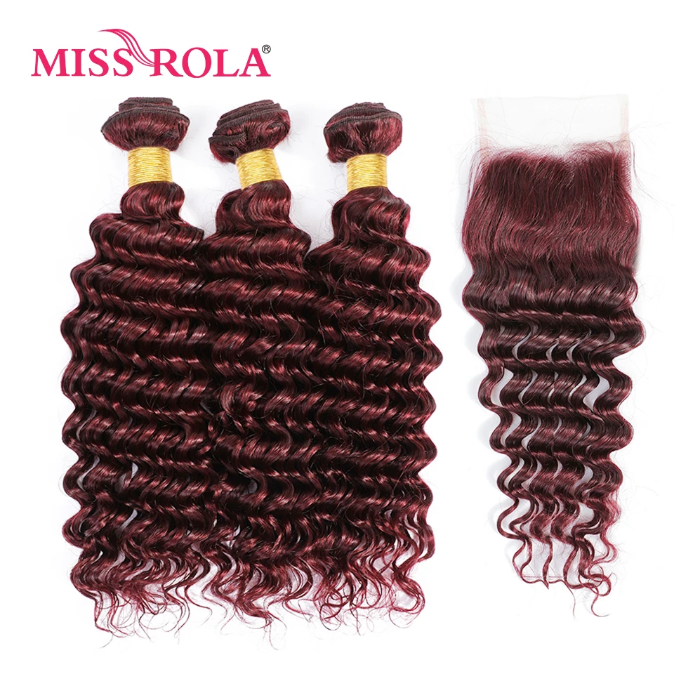 Miss Rola Hair Peruvian Deep Wave Human Hair Weavings With 4x4 Lace Closure Blonde 99J Ombre Quality Remy Hair Bundles Closures