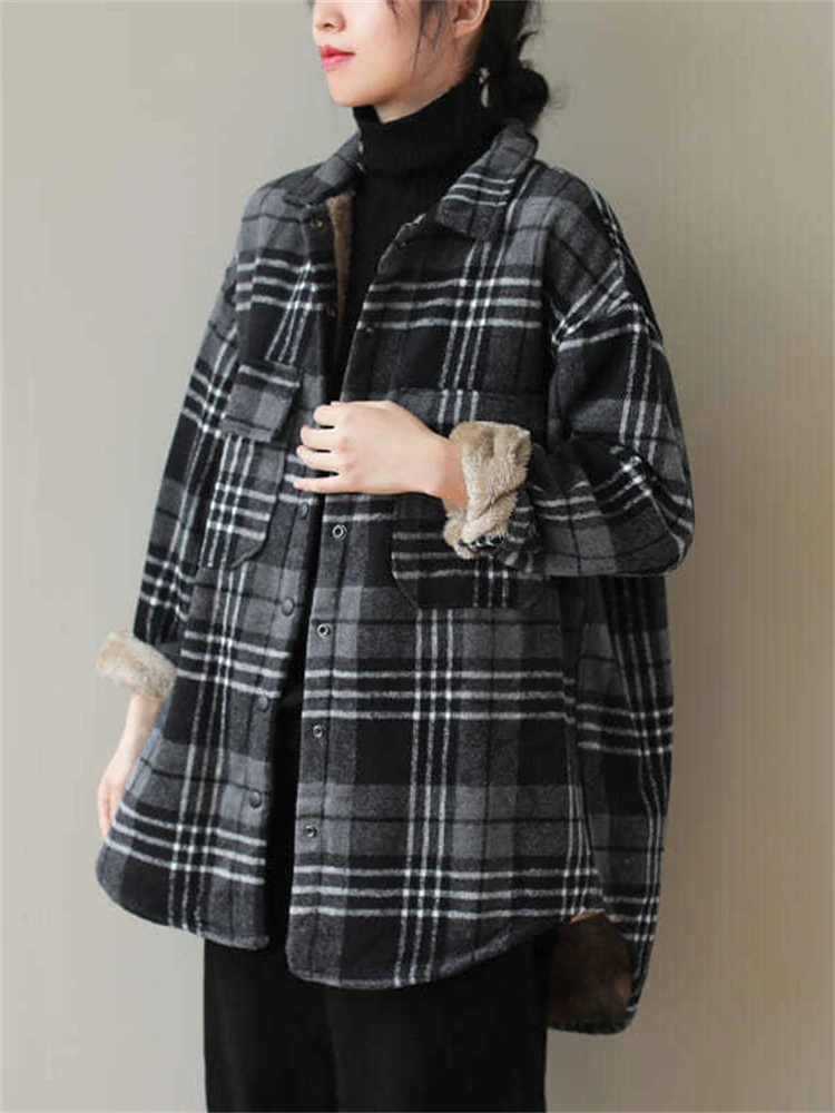 

Winter Fall Fashion Thicken Cashmere Fleece Women's Retro Plaid Woolen Coats Female Korean Style Long Sleeve Loose Casual Jacket