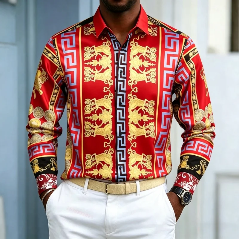 Men's Shirt Long Sleeve Spring Autumn Golden Baroque Greek Key Geometric Ornament Print Lapel Street Business Top Mens Clothing