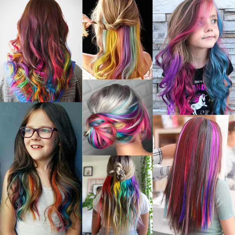 1 5 11 Pcs/lot Clip in Hair Extensions Multi-Colors Highlights Synthetic Hair 22 inch Rainbow Hairpieces for Girls Women Kids