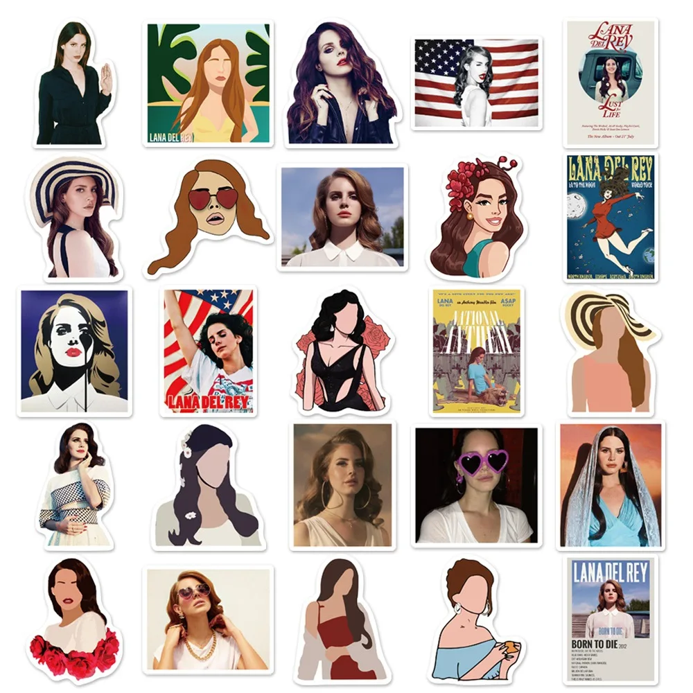 10/50 pçs cantor lana del rey adesivos graffiti decalques à prova dwaterproof água diy telefone copo capacete scrapbook skate adesivo brinquedos clássicos