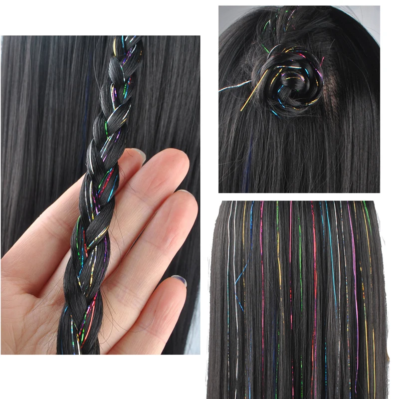 Shiny Sparkle Hair Tinsel Colorful Rainbow Silk Hair Extensions Girls Headwear for Braiding Headdress 93cm 150strands/pack