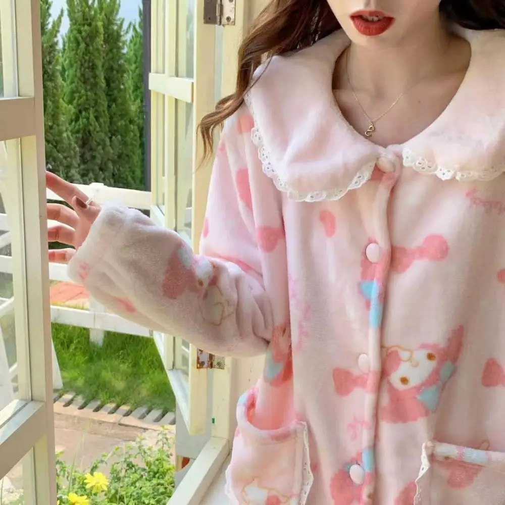 

My Melody Pink Plush Girls Pajamas Suit Home Clothes Sanrio Coral Fleece Kawaii Cardigan Tops Pants 2Pcs Set Women Sleepwear