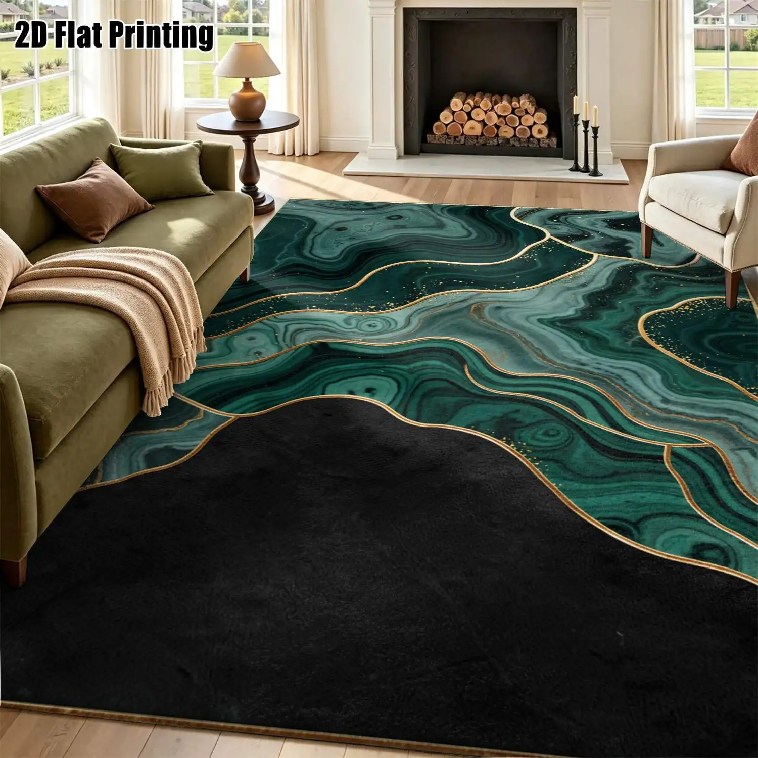 1Pc 2D Printed Carpet: Dark Green Gold-Plated Texture, Modern Simple Instagram Style, Multi-Size Machine Washable, for Entrance, Dining, Bedroom, Living Room Etc