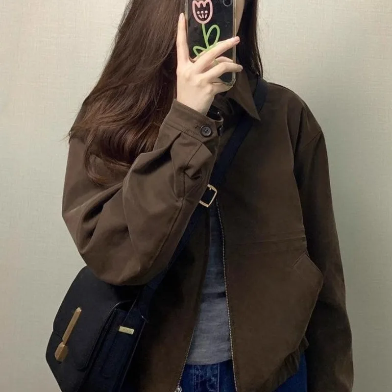 

Autumn Winter Solid Color Women's Short Jacket New Leisure Flip Collar Outerwear Trendy Coat Retro Zipper Closure Women Clothing