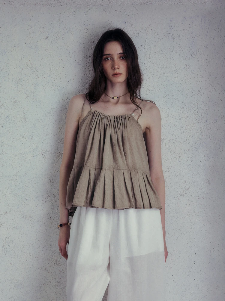 

INGE Light Brown Cotton Linen Pierced Gored Hem Splice mat Nordic Sle Versatile Small Strap Top Women's Vest