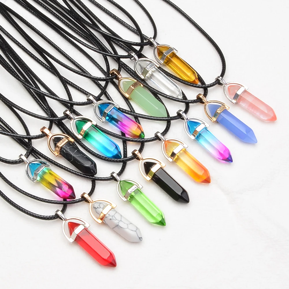 20PCS/set Random Fashion Hexagonal Column Pendants, Mixed Color Chakra Natural Stone Crystal Multi-color Pendant Necklace