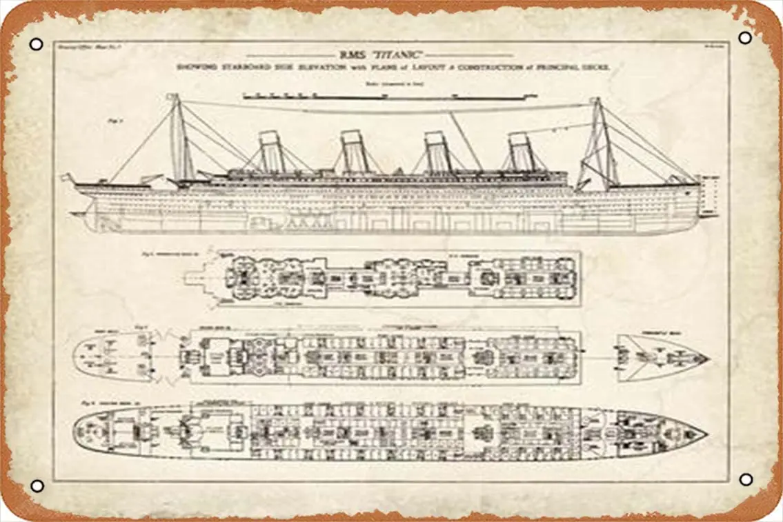 Metal Tin Sign Titanic Blueprint Vintage I Metal Signs Poster Wall Decor Design for Cafes Bar Pub Beer Club Wall Home Decor 8x12