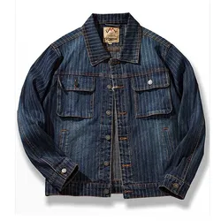 Mcikkny Men Striped Casual Denim Jackets Spring Autumn Washed Outwear Coats