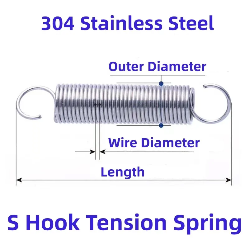 304 Stainless Steel Open S Hook Tension Spring Wire Diameter 2mm Cylindroid Helical Expansion Tensile Spring Length 40-280mm