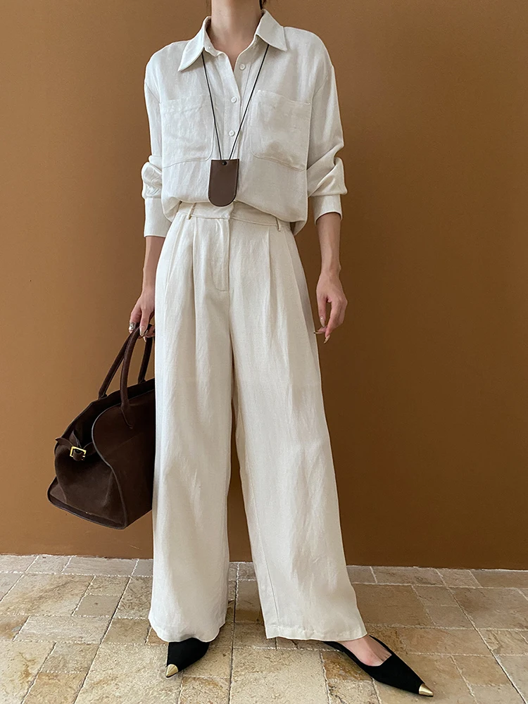 [EAM] Big Size Beige Elegant Shirt Wide Leg Pants Two Piece Suit New Lapel Long Sleeve Women Fashion Tide Spring Autumn 2024 00