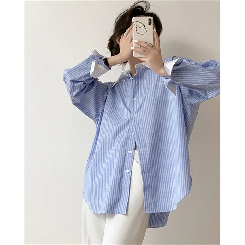 Elegant Chic Woman Shirt Striped Long-Sleeved Shirt Women Blouses Spring Autumn Korean Style Clothes Loose Casual Top Female