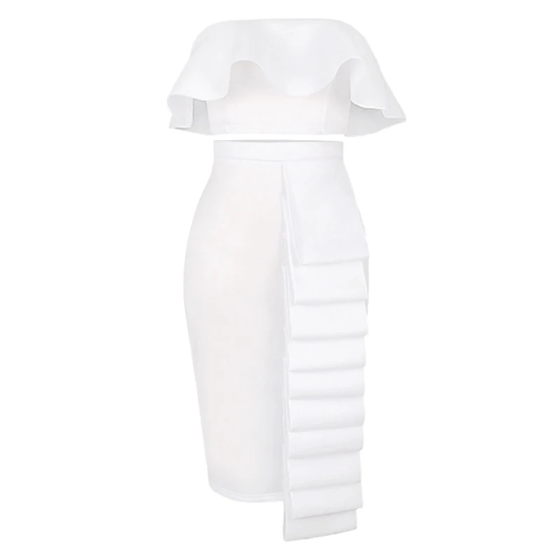 MSMUSI 2024 New Fashion Women Sexy Ruffles Drap Fold Two Piece Set Bodycon Party Strapless Top Pencil Short Midi Skirt Set Suit