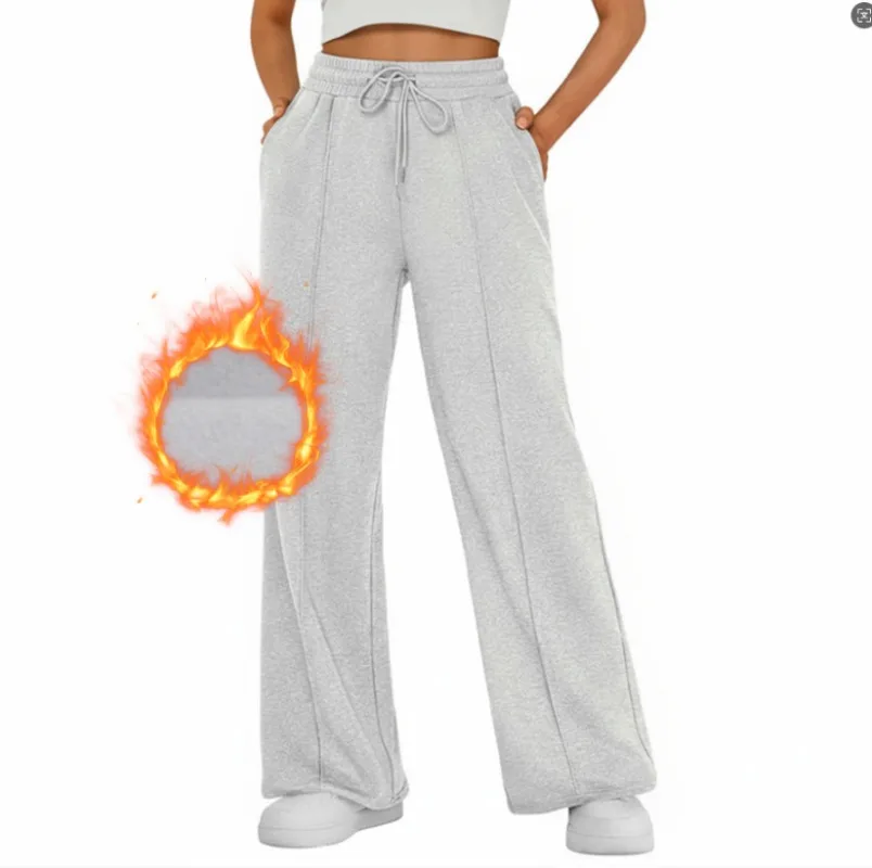 Women Fleece-lined High Waist Drawstring Wide Leg Pants Casual Loose Fit Solid Color Trousers Female Streetwear Long Pants