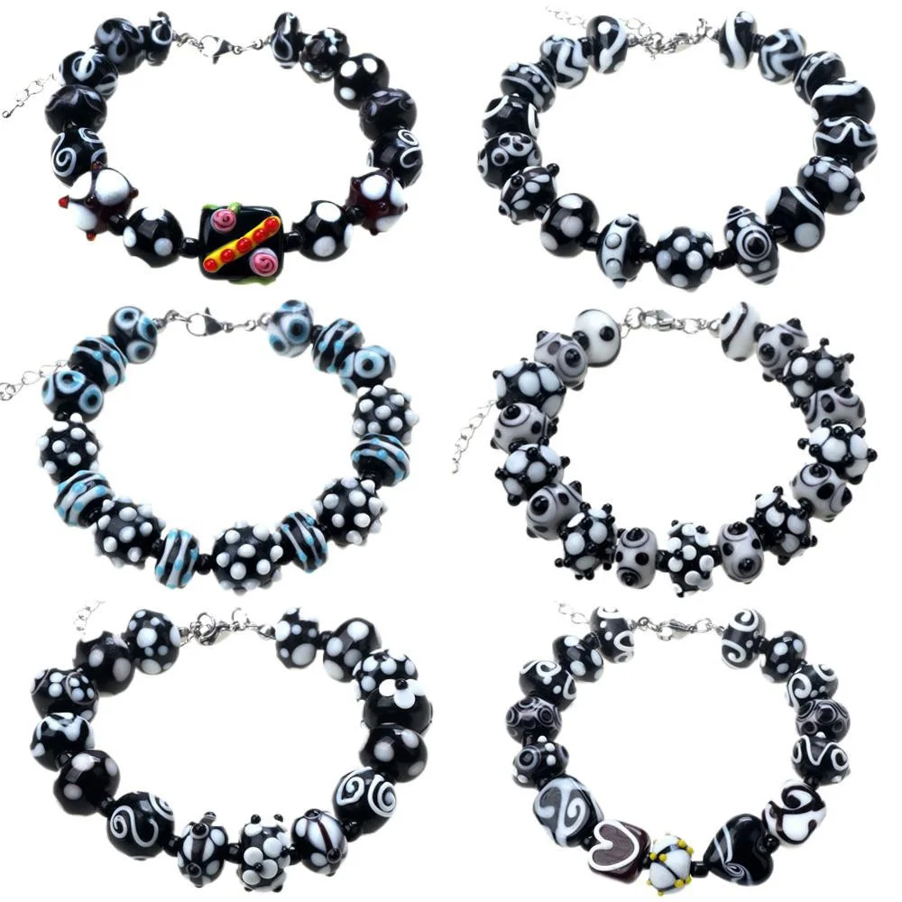 Only Sell 1set !No Duplicates!Black And White Transparent!Pure Handmade Retro Lampwork Glass Beads For Crafts Charm Bracelets!