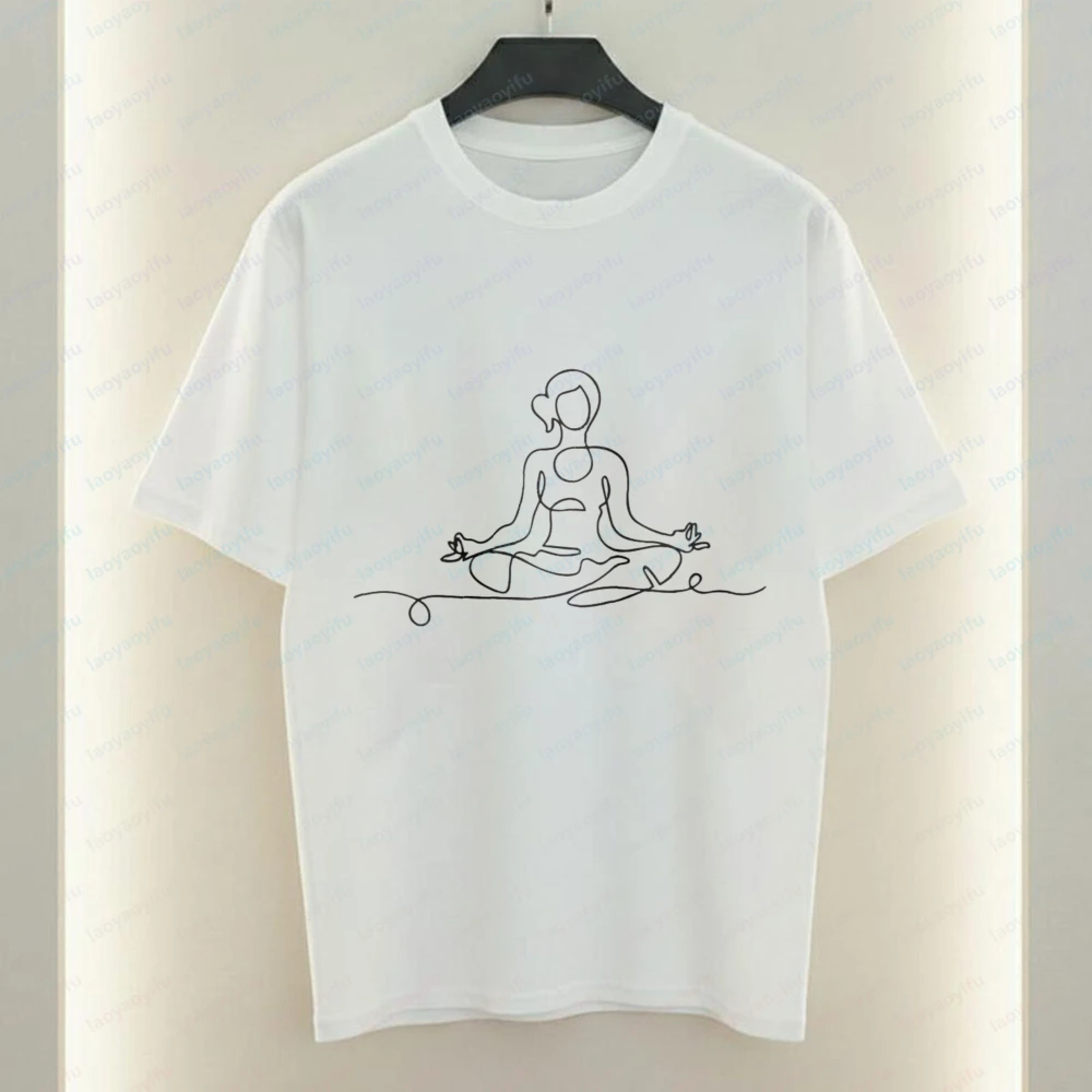 Yoga Pose T-Shirt Minimalist Line Art Printed Tops Trendy Casual Cotton Tee Summer Wear Fashion Trendy Breathable Tee for Women
