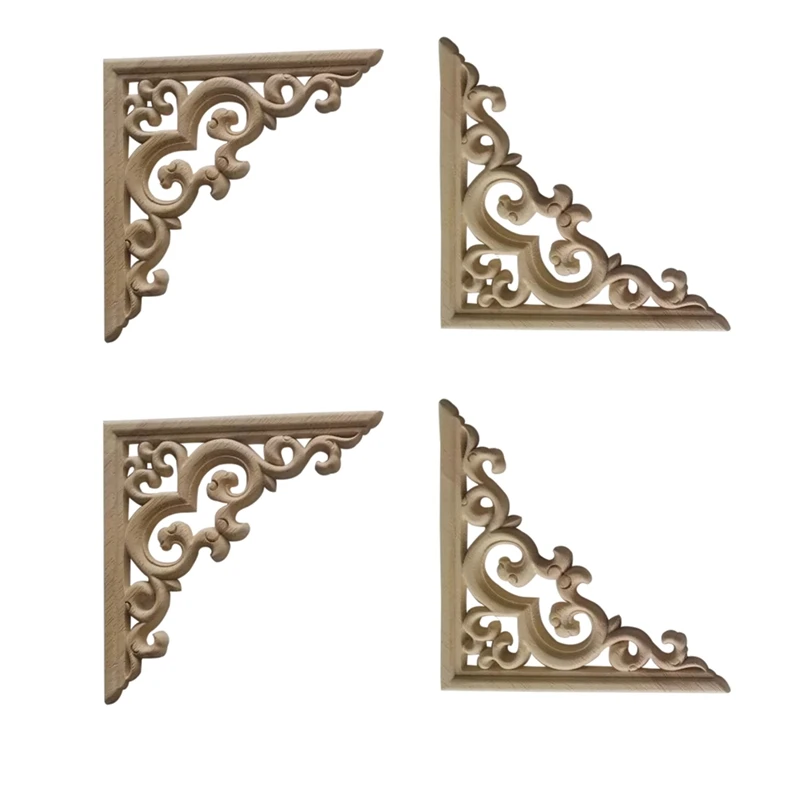 4PCS Unpainted Wooden Mouldings Decal European Wood Appliques For Furniture Cabinet Flower Wood Carving Decorative