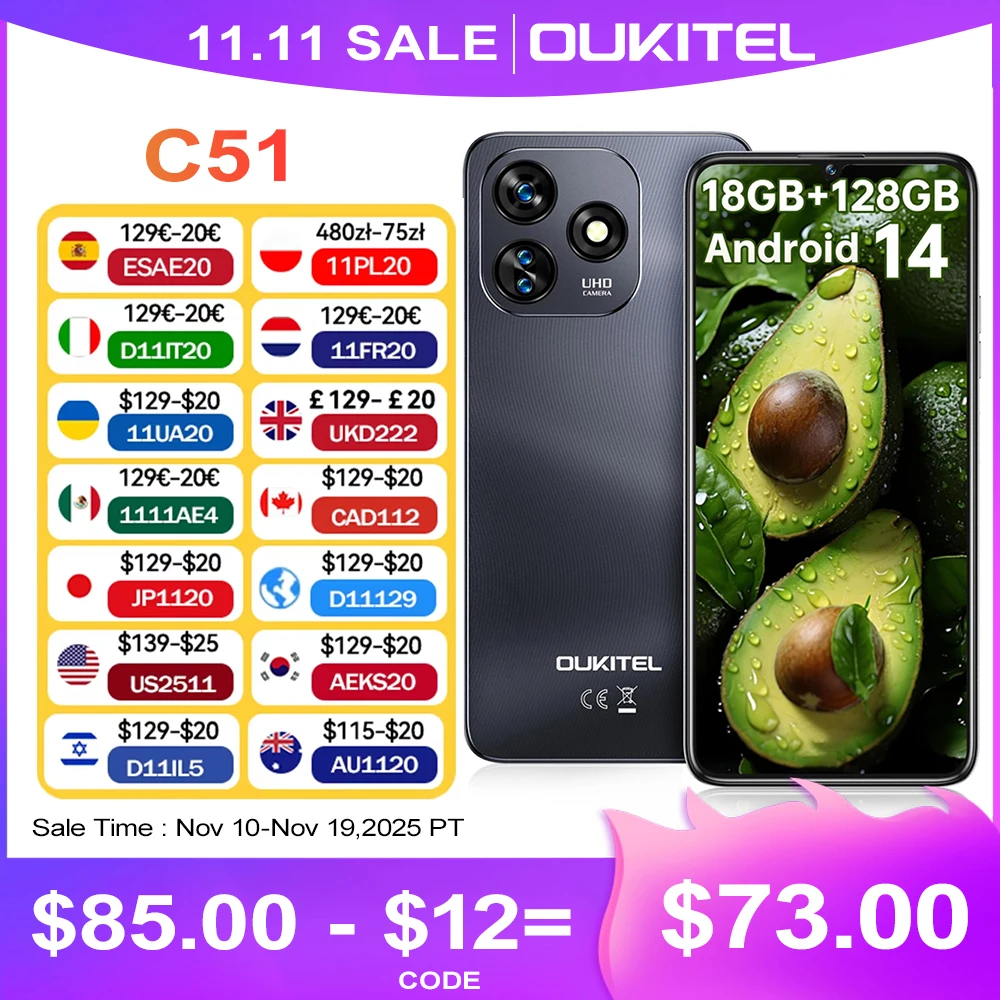 OUKITEL C51 Phone 6.8'' HD+ 90Hz Dual SIM Fingerprint Face ID Call Phone 24(8+16) GB + 128GB 5150mAh Smartphone Android 14