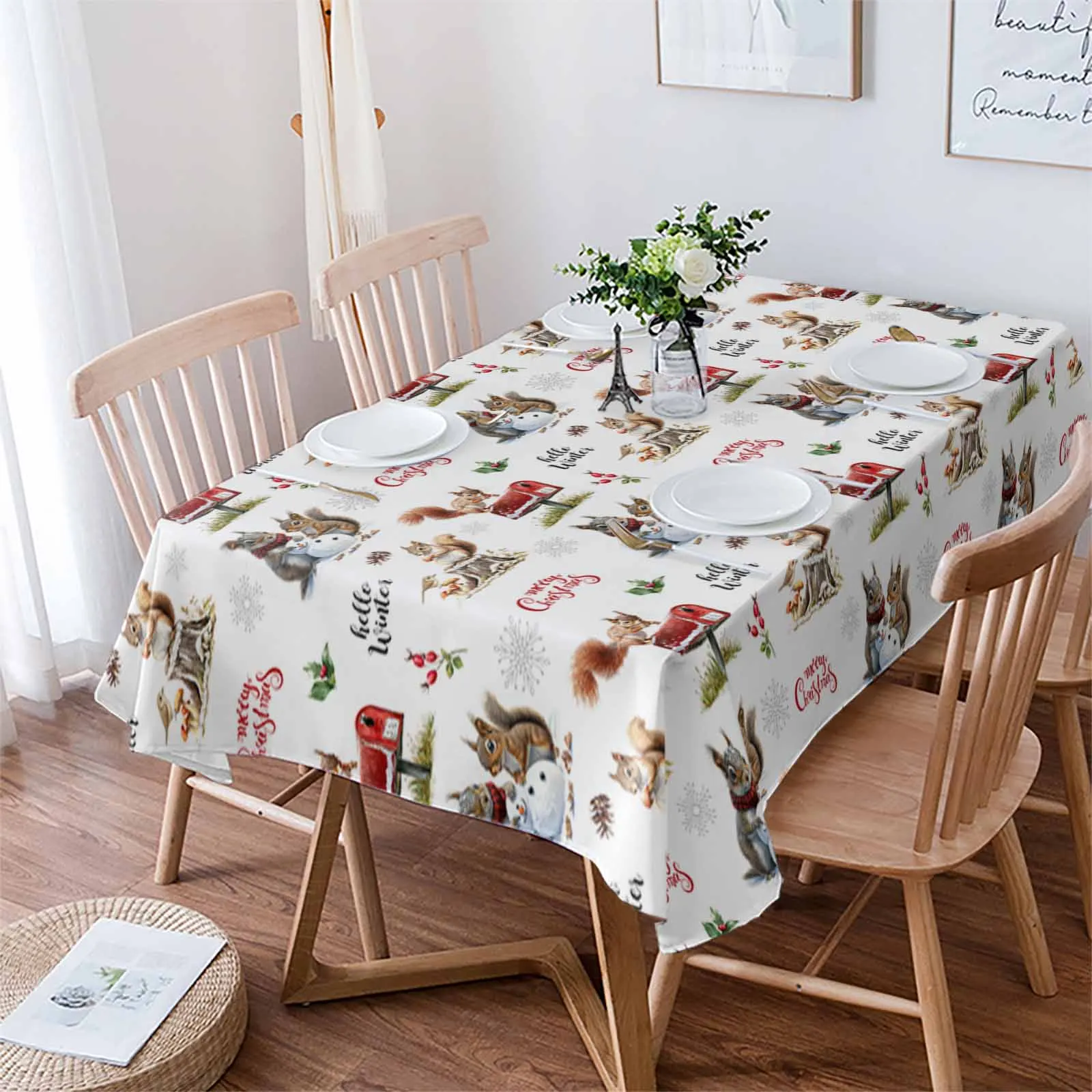 Christmas Winter Squirrel Mushroom Tablecloths Waterproof Kitchen Coffee Table For Living Room Home Decor Dining Table