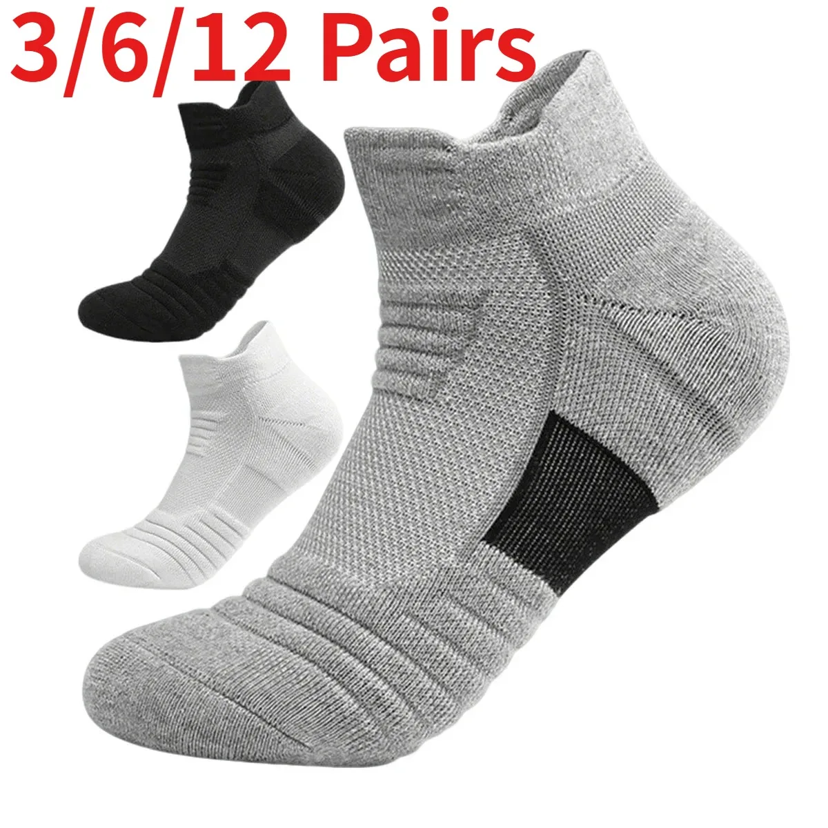 3/6/12 Pairs Men Odor Resistant Knitted Terry Sports Socks Sweat Absorbing Breathable Durable Cushioning Running Basketball Sock