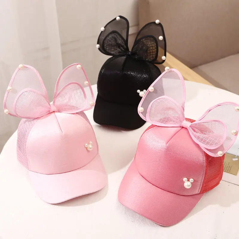 Children Big Bow Cartoon Baseball Cap Girls Pearl Snapback Mesh Hat Sun Protection Beach Hat Rabbit Ear Kid Baby Trucker Sun Hat