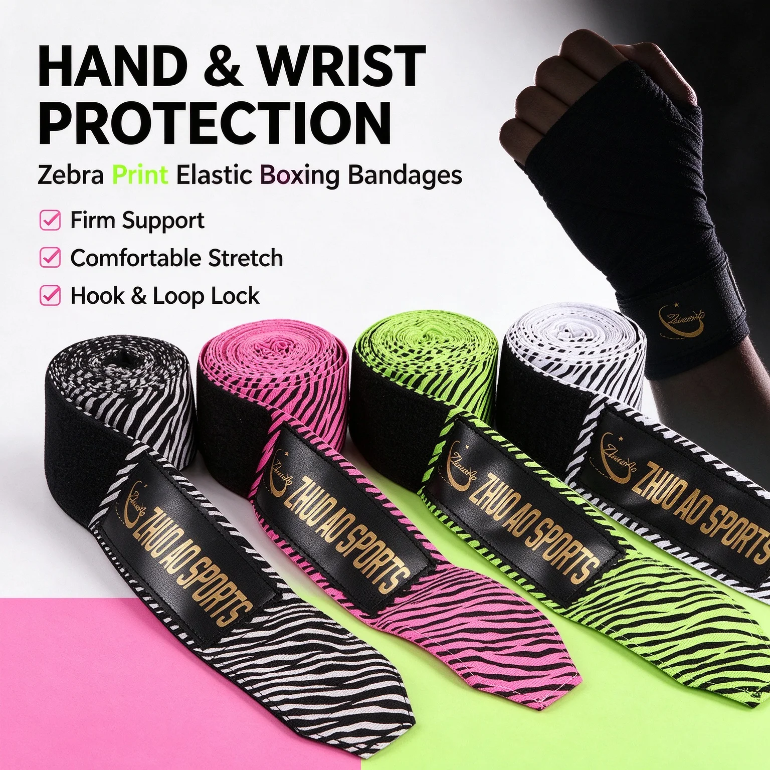 Zebra Print Boxing Hand Wraps Hand Bandages with Hook & Loop Wrist Knuckle Protection Handwraps for MMA Muay Thai Kickboxing 5M