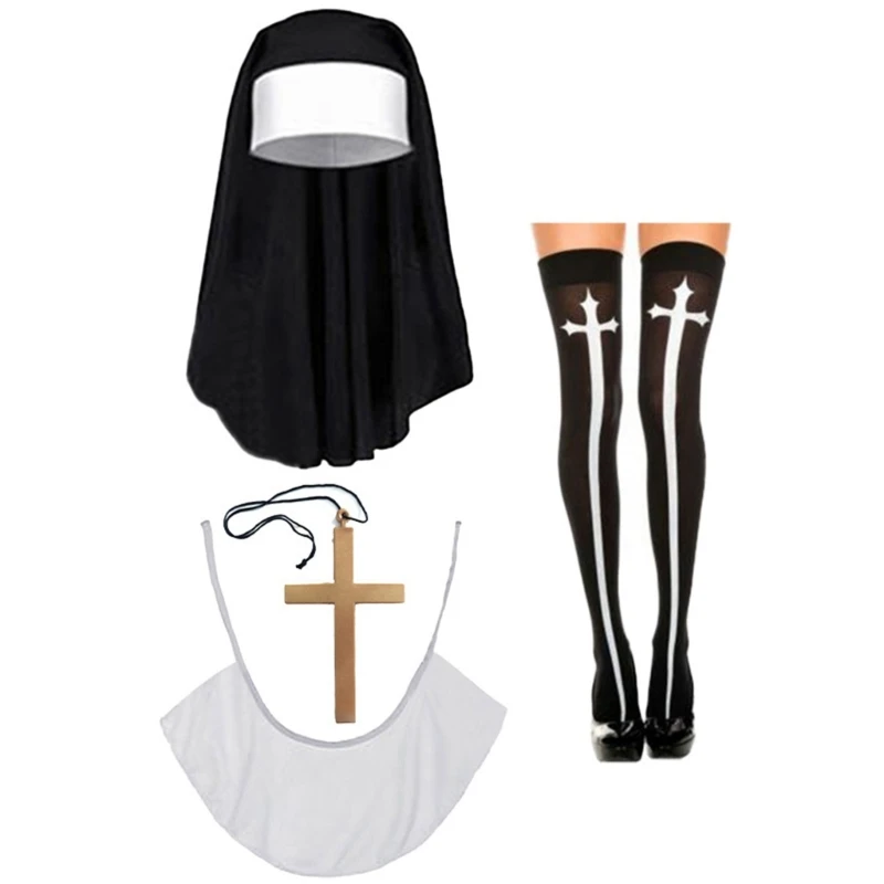 E15E 2/3/4Pcs Nun Costume Set Halloween Nun Accessories Women Girls Cosplay Props