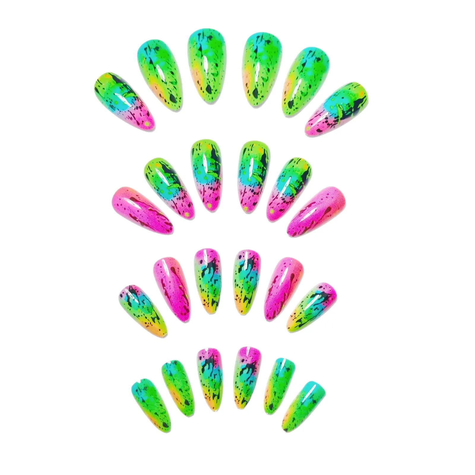 Medium fake nails for women girls Y2K gradient green blue orange blue graffiti Square almond nail tips full cover press on nails view 6