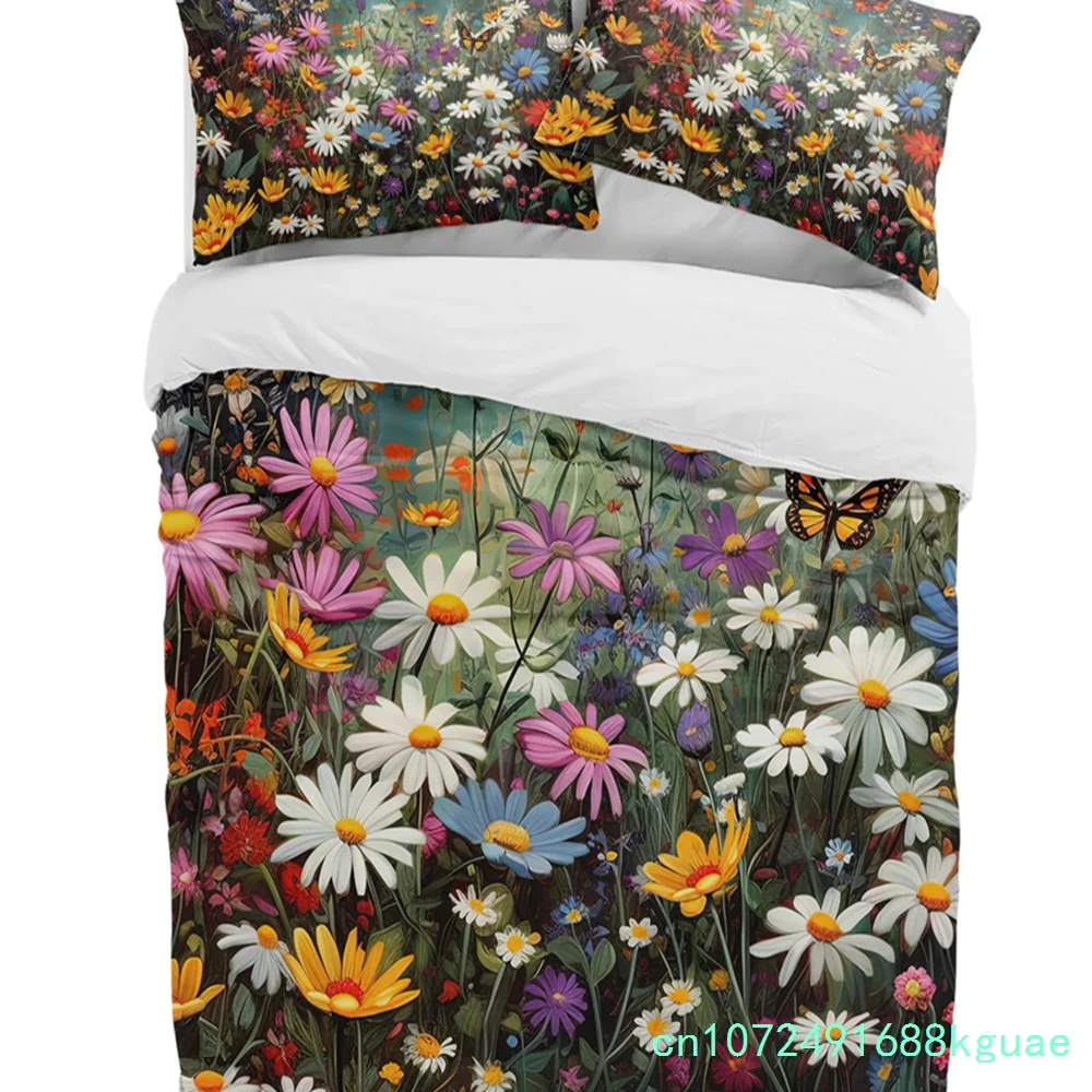 Daisy Flower Butterfly Bushes 3pcs Bedding Set For Double Bed Home Textile Duvet Cover Quilt Cover Pillowcase