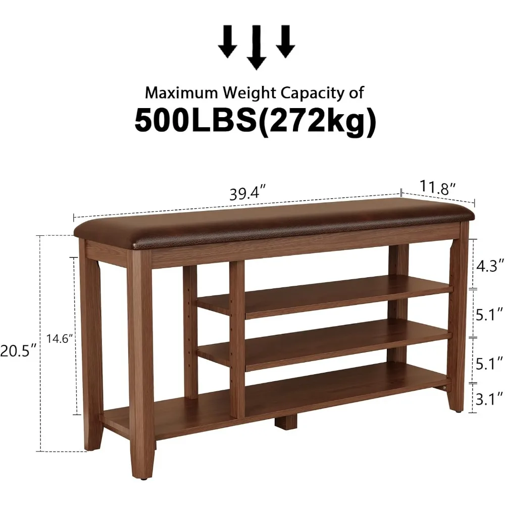 مقعد تخزين الأحذية من الخشب الصلب بارتفاع قابل للتعديل مع وسادة للمدخل وغرفة النوم والممر بلمسة نهائية من خشب الجوز