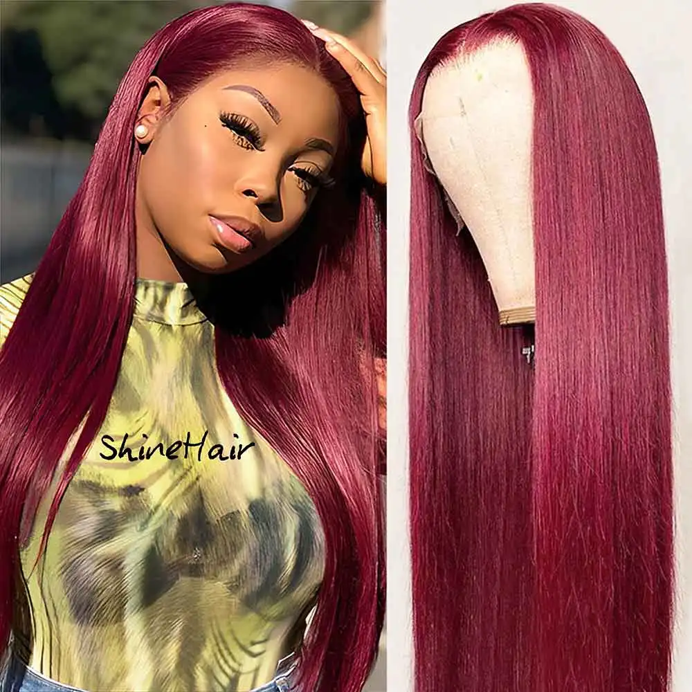 13x4 Straight Lace Frontal Wig Transparent HDBrazilian Colored 100% Human Hair Wigs 99j Red Burgundy Human Hair Wigs For Women