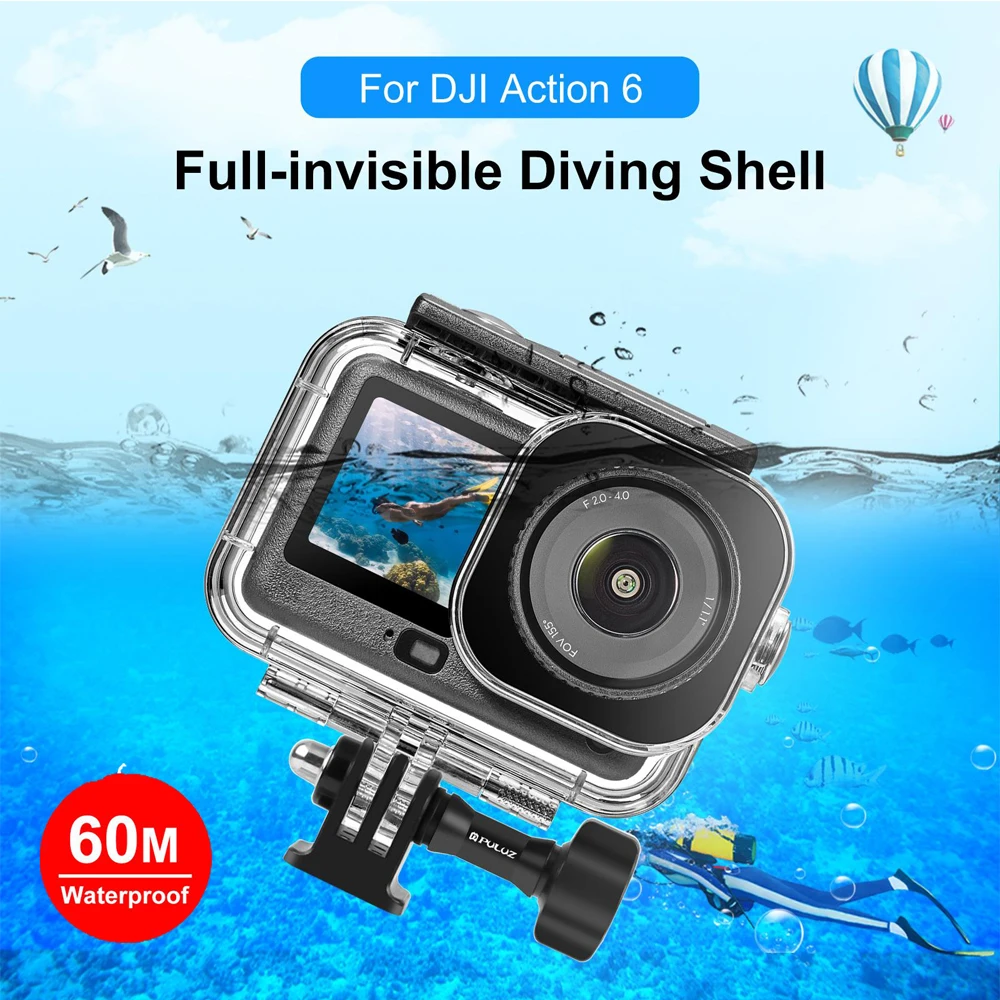 PULUZ 60m Underwater Diving Case For DJI Osmo Action 6 /5 Pro/4/3 Camera Waterproof Housing Shell Invisible Adapter & Long Screw