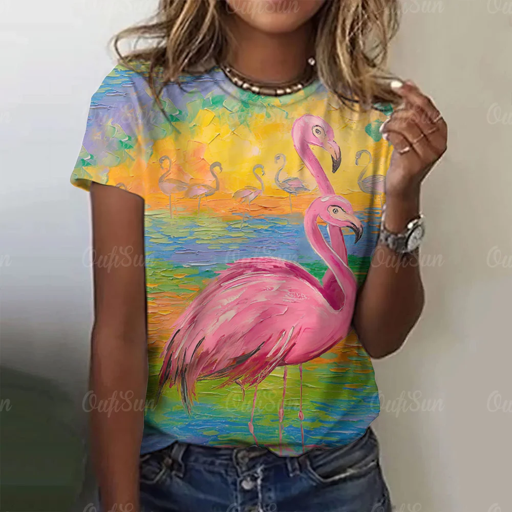 Flamingo T Shirt for Women\'s New O Neck Pullover Fashion Casual Short Sleeve Tee Shirt Hawaiian Women\'s T-Shirt Tops Streetwear