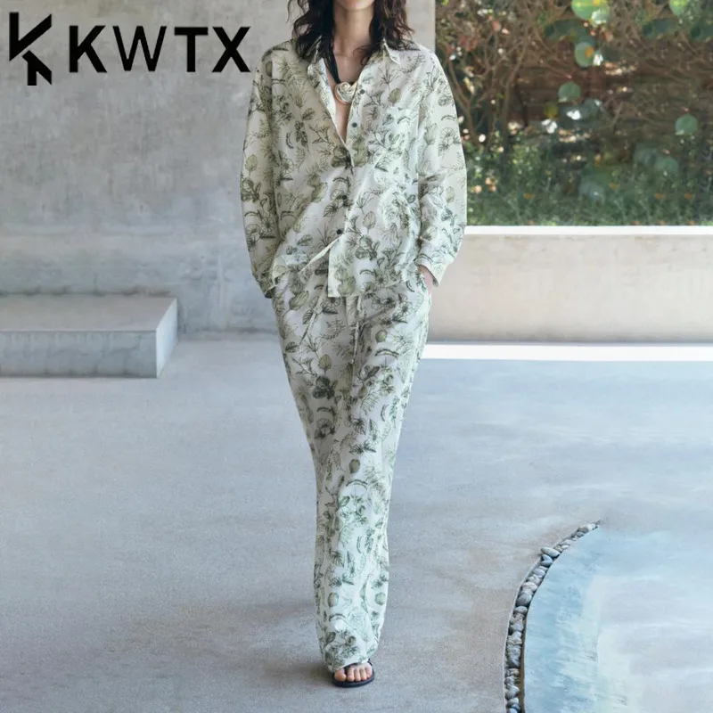 

KWTX Women's Printed Palazzo Pants Set Casual Two Piece Outfit Vintage Chic Summer Beach Resort Lounge Suit Elegant Luxury