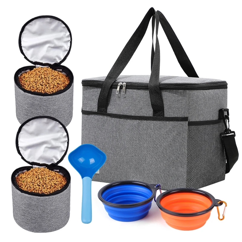 

6 Piece Set Dog Travel Bag Tote Organizer Multi-Function Pockets Pet Food Container Cat Travel Backpack Pet Folding Bowl Spoon